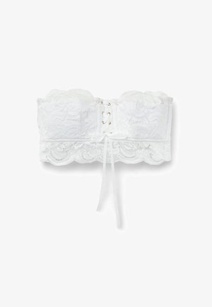 Witte kanten strapless bralette met bloempatronen, een geschulpte rand, een ontwerp met voorlacing en een strikdetail in het midden.