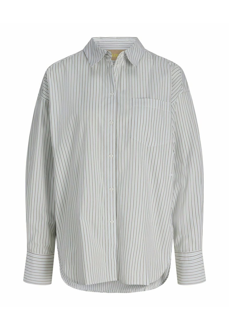 Long-sleeve button shirt in light blue with vertical stripes in various colors. Features a classic collar and a chest pocket.