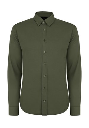 Koszula z długim rękawem w oliwkowym kolorze. Wykonana z gładkiego materiału, z klasycznym kołnierzykiem i zapięciem na guziki z przodu. Brak widocznych wzorów lub akcentów.