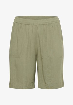Olivové zelené šortky s elastickým pásom, dvoma bočnými vreckami a voľným strihom. Hladká textúra s dĺžkou po kolená a bez viditeľného zapínania.