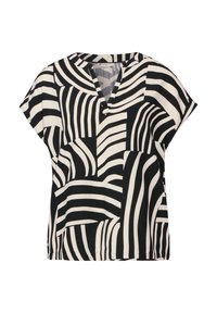 Blusa a maniche corte con un motivo a righe in bianco e nero di larghezze variabili. Design a V e morbida texture del tessuto.