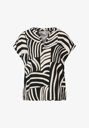 Kurzarmbluse mit einem schwarz-weißen Streifenmuster in unterschiedlichen Breiten. V-Ausschnitt und weiche Stofftextur.