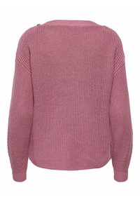 Pull en tricot rose poudré à manches longues avec poignets côtelés, vu de dos sur un fond blanc.