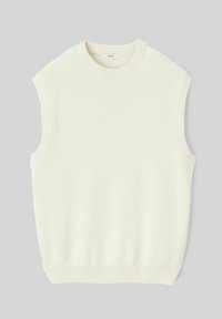 Pull en cream sans manches avec une texture côtelée, un col rond et un ourlet droit. Fabriqué en matériau tricoté doux et avec un design minimaliste.