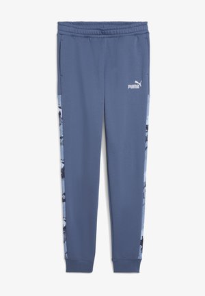 Puma trainingsbroek in blauw, met een elastische tailleband, twee zijzakken en gemusterde zijaccenten in zwart en lichtblauw.