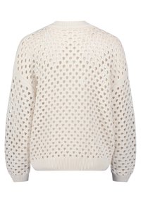 Helles beiges Strickpullover mit lockerem Schnitt, ausgestattet mit einem großen Lochmuster und gerippten Bündchen und Saum.