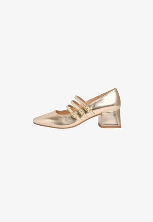 Goldfarbene, metallic Low-Heel Schuhe mit einer spitzen Zehenpartie und drei dekorativen Riemen über dem Spann. Glatte Textur mit einem quadratischen Absatz.