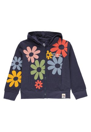 Marineblå zip-up hoodie med farverige store blomstertryk, et lille mærke med teksten "good do good" og teksten "Lad os vokse sammen."