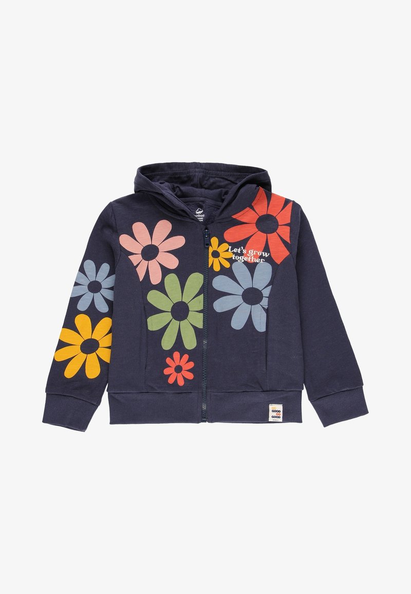 Marineblaue Kapuzenjacke mit bunten großen Blumenprints, einem kleinen Label mit der Aufschrift "good do good" und dem Text "Lass uns gemeinsam wachsen."