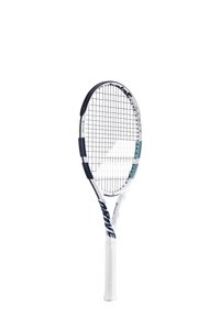 Tennisketcher med en hvid og marineblå ramme, oval hoved og tekstureret greb. Har et strenge mønster og brandlogo nær halsen.