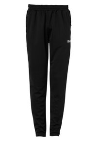 Schwarze Sporthosen mit einem elastischen Bund, seitlichen Taschen und einem Logo am linken Bein. Hergestellt aus einem glatten, weichen Material.