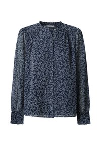 Navybluse mit Blumenmuster, durchscheinendem Stoff, Knopfleiste und gerafften Schulterdetails. Verfügt über lange Ärmel mit elastischen Bündchen.