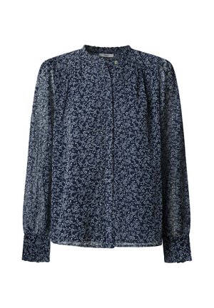Blusa azul marino con estampado floral, tejido transparente, con botones en el delantero y detalle de hombros fruncidos. Presenta mangas largas con puños elásticos.