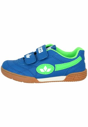 Blaue synthetische Sneakers mit grünen Akzenten, Klettverschlüssen und einer strukturierten Gummisohle. Verfügt über ein Logo und dekorative Paneelen.
