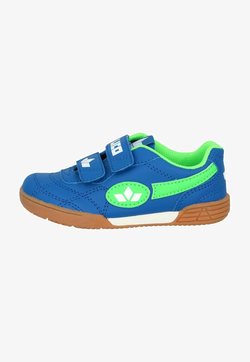 Blaue synthetische Sneakers mit grünen Akzenten, Klettverschlüssen und einer strukturierten Gummisohle. Verfügt über ein Logo und dekorative Paneelen.