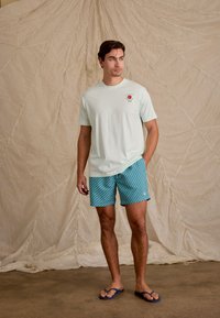 Lichtgroene katoenen t-shirt met een klein kleurrijk logo; gestreepte turquoise zwemshorts met wit geometrisch ontwerp; zwarte slippers.