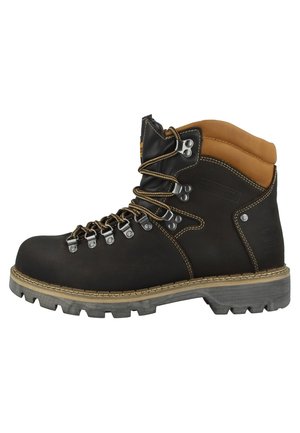 Bota de senderismo de cuero marrón oscuro con acentos en color beige. Cuenta con ojetes de metal, puntera reforzada y suela de goma texturizada para una mejor tracción.