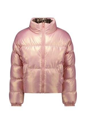 Glanzend roze donsjack met een rits aan de voorkant, een hoge kraag, elastische manchetten en een luipaardprint voering aan de binnenkant van de kraag.