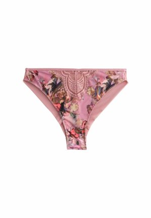 Floral bikini bottom in light pink, featuring a decorative lace trim at the waist and vibrant floral patterns throughout. Smooth texture.