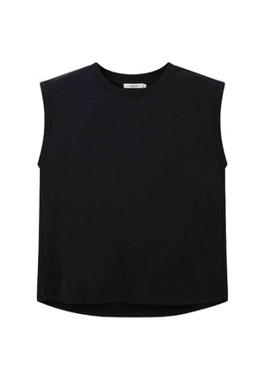 Zwart mouwloos topje met een ronde hals, gemaakt van gladde stof. Heeft een relaxed fit en een licht gebogen zoom.