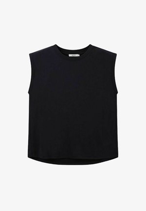 Schwarzes ärmelloses Top mit Rundhalsausschnitt, aus glattem Stoff gefertigt. Verfügt über einen lockeren Sitz und einen leicht geschwungenen Saum.