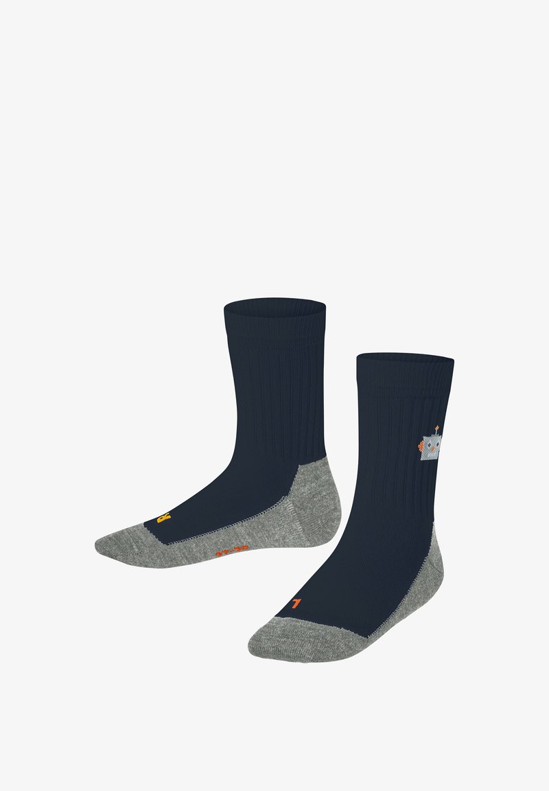 Navy gerippte Socken mit grauem, strukturiertem Fersen- und Zehenbereich. Auf der Seite befindet sich ein kleines Robotermotiv in Hellgrau mit orangenen Akzenten.