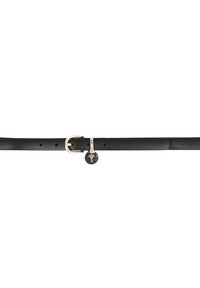 Black leather belt with a gold metal buckle and charm featuring a logo. The belt has multiple holes for size adjustment and a smooth texture.