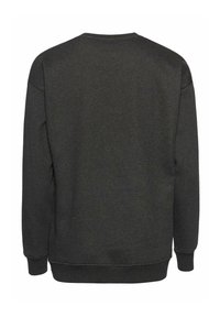 Donkergrijze sweatshirt met een ronde hals, lange mouwen, ribgebreide boorden en zoom, gemaakt van een zachte stof met een gladde textuur.