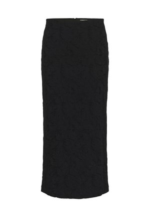 Crna midi olovka suknja sa suptilnim cvjetnim teksturiranim uzorkom i zatvaračem na leđima.