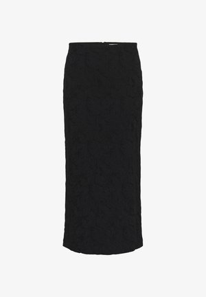 Crna midi olovka suknja sa suptilnim cvjetnim teksturiranim uzorkom i zatvaračem na leđima.