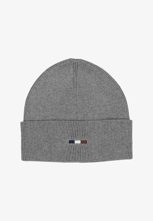 Gorro de punto acanalado gris con puño doblado que presenta un pequeño logo horizontal en navy, blanco y rojo en el centro frontal.