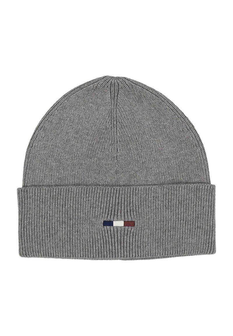Gray ribbed knit beanie with folded cuff featuring a small horizontal logo in navy, white, and red at the center front.