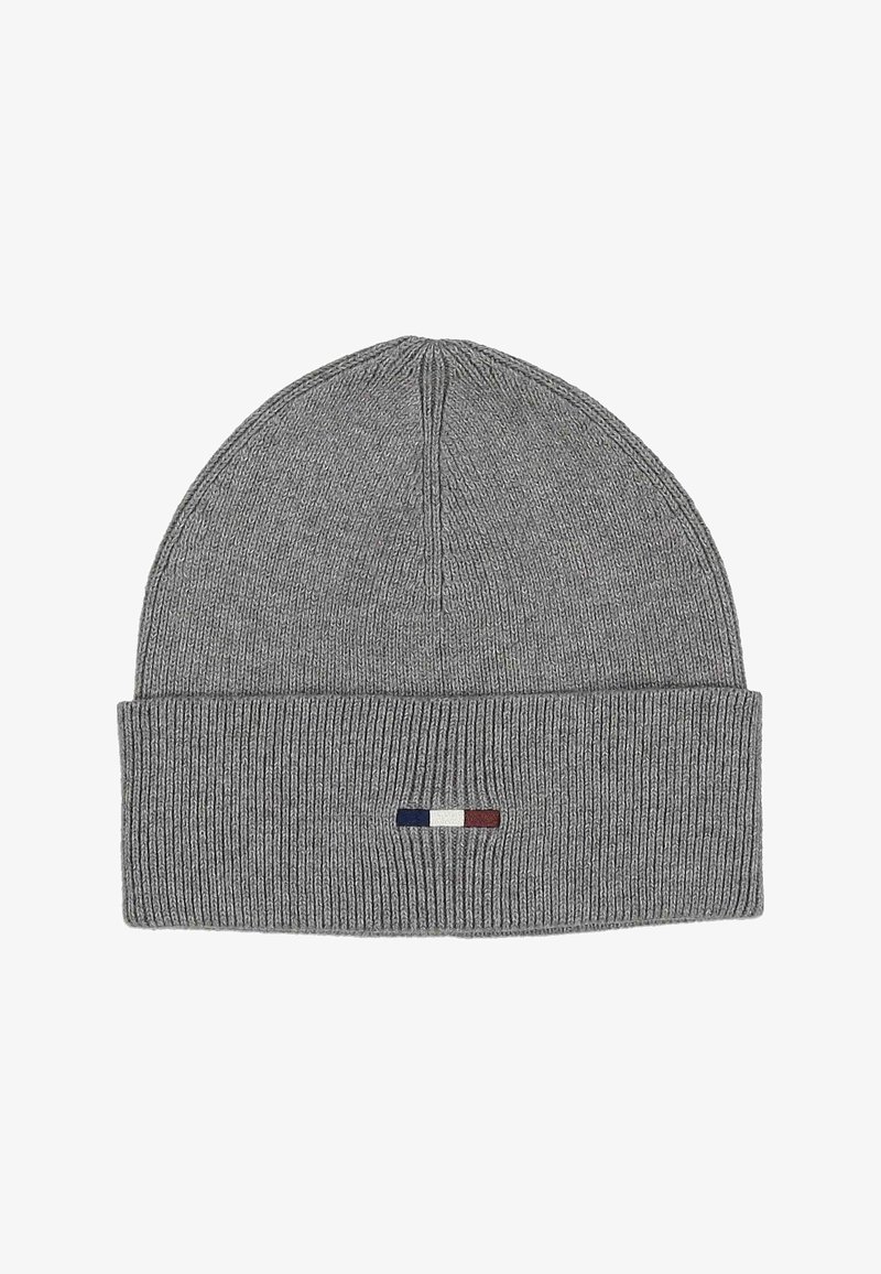 Gray ribbed knit beanie with folded cuff featuring a small horizontal logo in navy, white, and red at the center front.