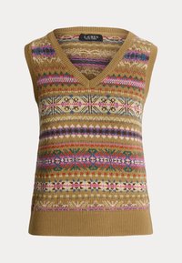 Pull sans manches en tricot avec col en V, présentant des motifs géométriques et floraux multicolores sur un fond beige.