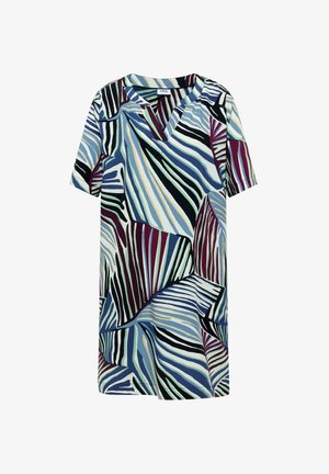 Femme aux cheveux bruns portant une robe courte à manches courtes, longueur genoux, avec un motif abstrait rayé multicolore, vue de dos.