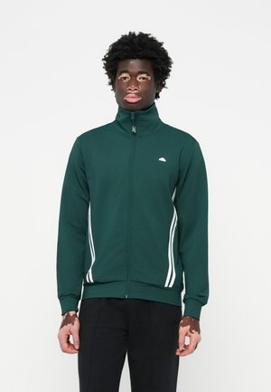 Grüne Zip-Jacke aus weichem Material mit weißen Seitenstreifen und hohem Kragen. Einfaches, klares Design mit kleinem Logo auf der Brust.