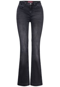 Jean denim noir taille haute avec légère décoloration, bouton à l'avant, fermeture éclair et design à jambes évasées.
