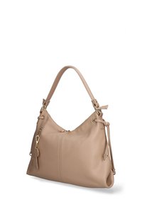 Beige leren handtas in een hobo-vorm, met gouden hardware, trekkoordaccenten en een gestructureerd oppervlak.