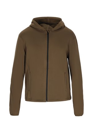 Brun hættejakke med fuld frontlynlås, sidelommer og en glat tekstur. Har et simpelt, moderne design med lange ærmer.