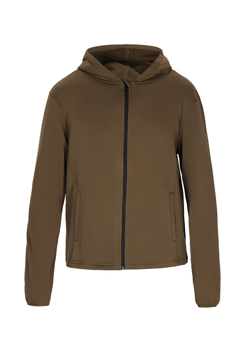 Braune Kapuzenjacke mit durchgehendem Reißverschluss, Seitentaschen und glatter Textur. Sie zeichnet sich durch ein einfaches, modernes Design mit langen Ärmeln aus.