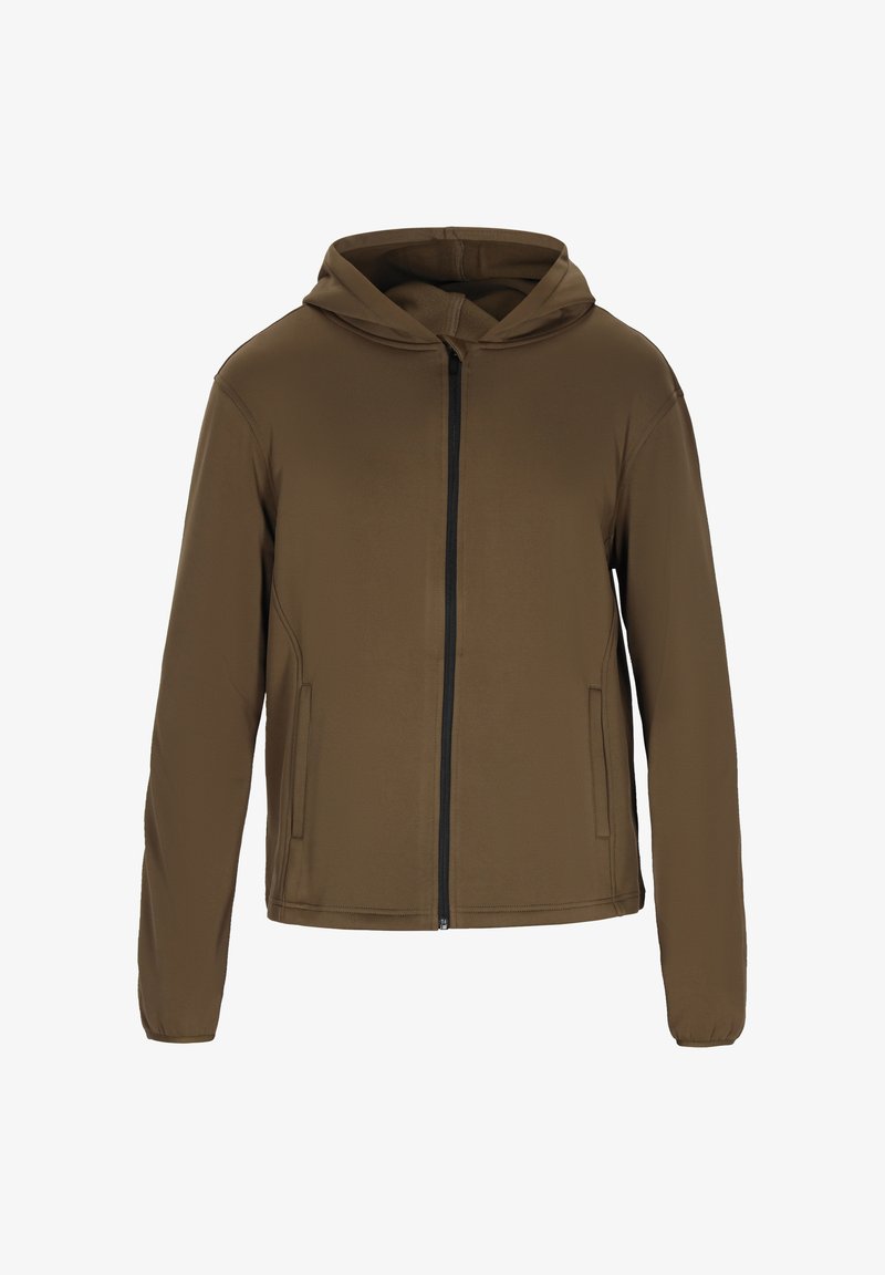 Brun hættejakke med fuld frontlynlås, sidelommer og en glat tekstur. Har et simpelt, moderne design med lange ærmer.