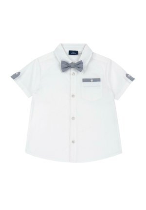 Chemise blanche à manches courtes avec un nœud papillon gris, une poche avant et des accents gris sur les manches. Fabriquée dans un tissu lisse avec des boutons.