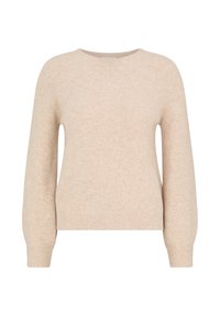Beiger langärmeliger Rundhals-Pullover mit gerippten Bündchen und Saum aus einem weichen Strickstoff.