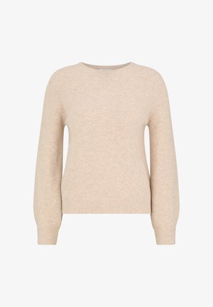 Beige langærmet crewneck sweater med ribstrikkede manchetter og kant i et blødt strikket stof.