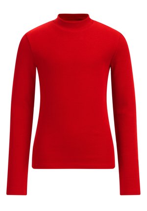 Czerwony sweter z długim rękawem, prążkowany, z kołnierzem typu stójka, dopasowany fason i jednolita tekstura.