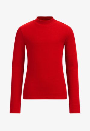 Czerwony sweter z długim rękawem, prążkowany, z kołnierzem typu stójka, dopasowany fason i jednolita tekstura.
