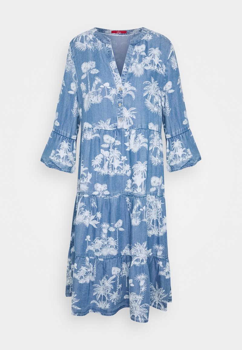 Blaues Midi-Kleid mit weißem tropischem Palmenbaum-Print, dreiviertel Glockenärmel, knopfbefestigter V-Ausschnitt und gestuftem Rock.