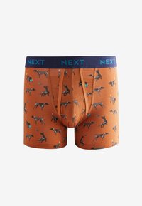 Orange Boxershorts mit einem Muster aus schwarzen Hunden und blauen Bällen. Dunkelblauer Bund mit "NEXT" in hellblau darauf gedruckt. Weicher Stoff.