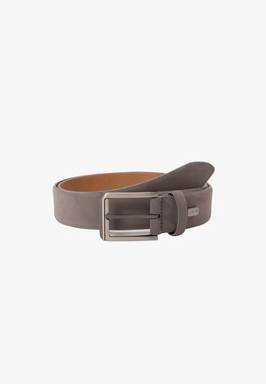 Gray leather belt coiled with silver rectangular buckle and small metal tag engraved with brand name "LLOYD" on the loop.