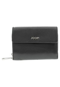 Svart lær lommebok med teksturert overflate, med magnetisk klaff-lukking og sølvfarget hardware. Merkevaren "JOOP!" er preget foran.